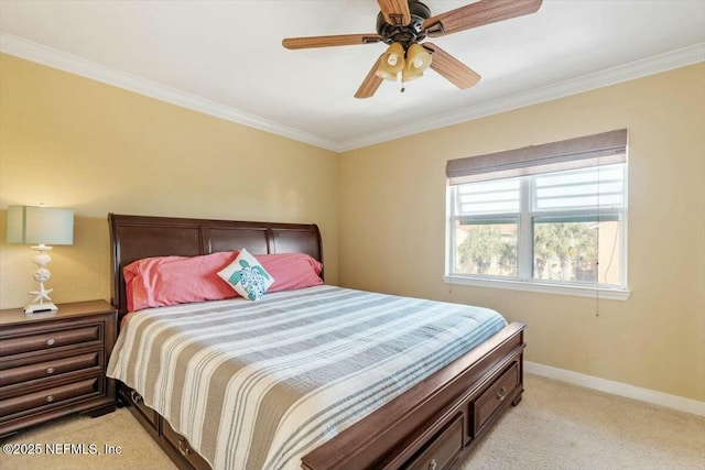 bedroom featuring ornamental molding, light carpet, and ceiling fan