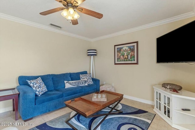 living room with light tile patterned flooring, ceiling fan, and ornamental molding