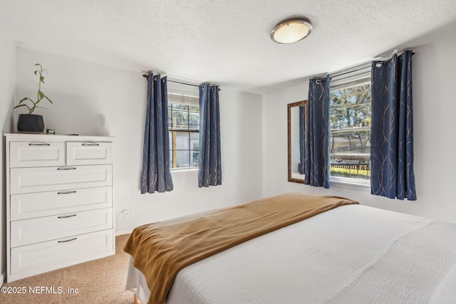 carpeted bedroom with a textured ceiling