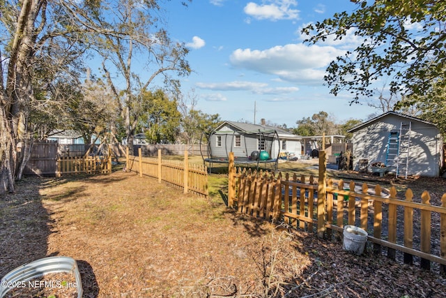 view of yard featuring a trampoline and a shed