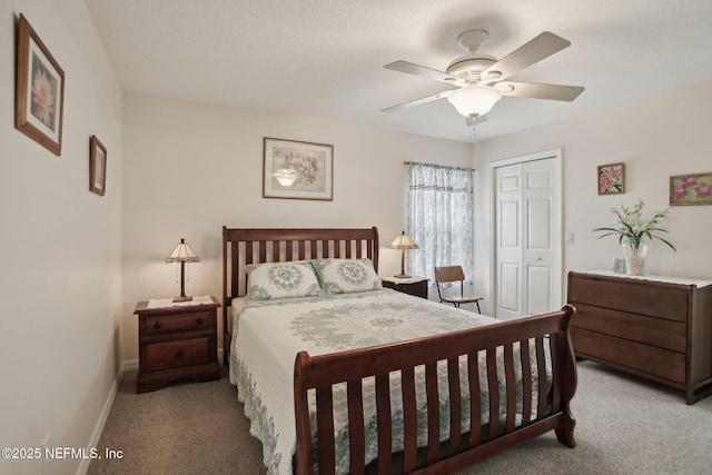 bedroom with light carpet, a closet, and ceiling fan