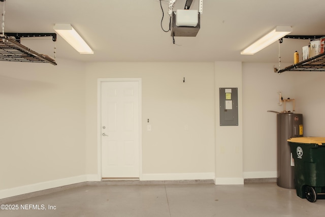 garage with a garage door opener, electric panel, and electric water heater