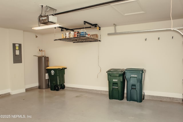 garage with a garage door opener, electric water heater, and electric panel