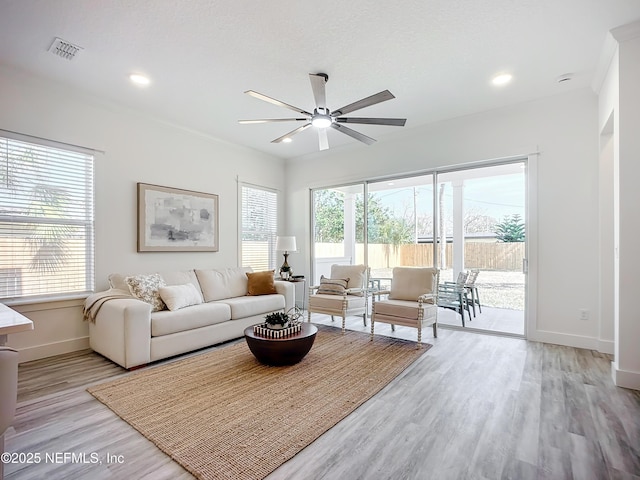 living room with ceiling fan, plenty of natural light, and light hardwood / wood-style floors