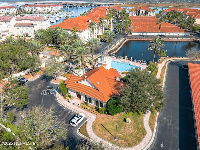 aerial view featuring a water view