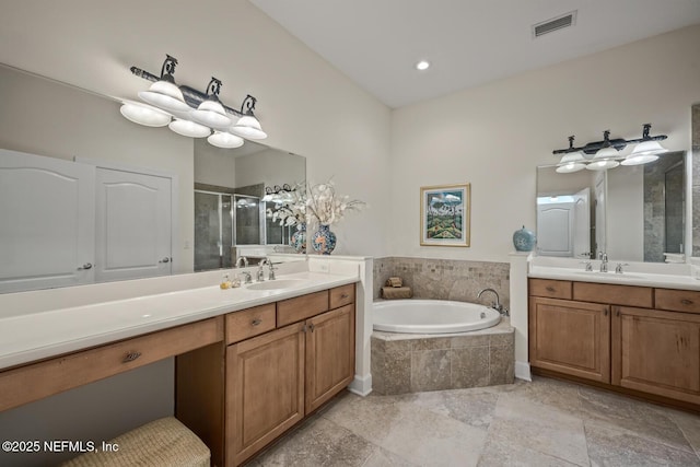 bathroom with vanity and plus walk in shower