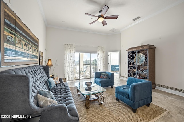 living room featuring ornamental molding, light tile patterned floors, and ceiling fan