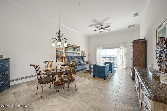 dining space with crown molding and ceiling fan with notable chandelier