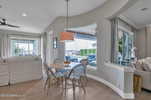 dining space featuring ceiling fan, a healthy amount of sunlight, and light wood-type flooring