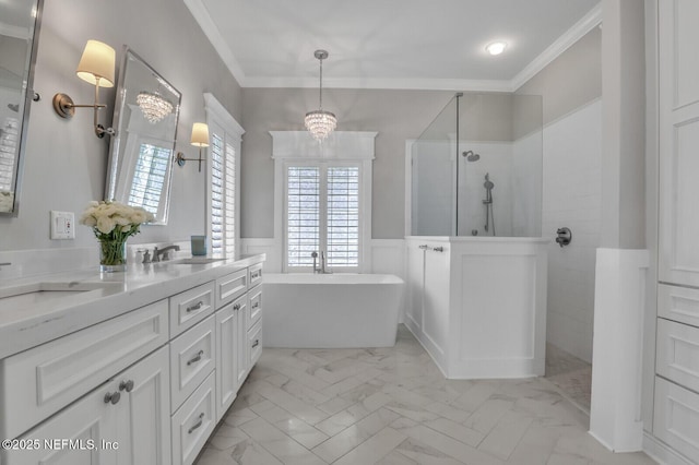 bathroom featuring shower with separate bathtub, ornamental molding, and vanity