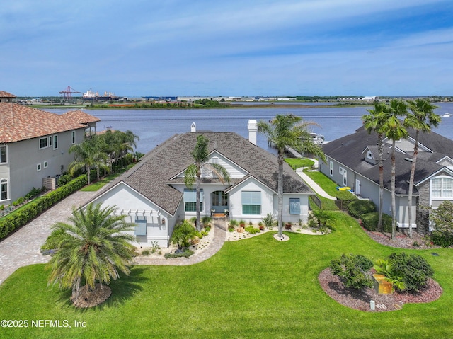 aerial view with a water view