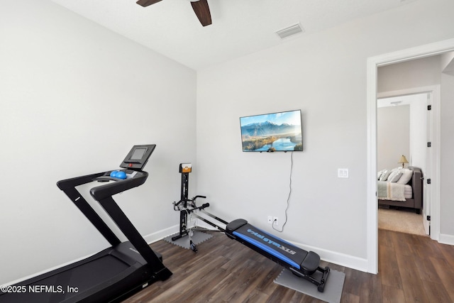 exercise area with dark wood-type flooring and ceiling fan