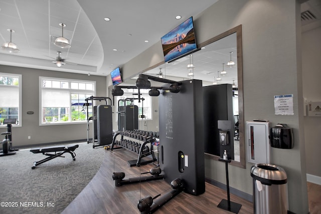 workout area featuring hardwood / wood-style flooring, a raised ceiling, and ceiling fan