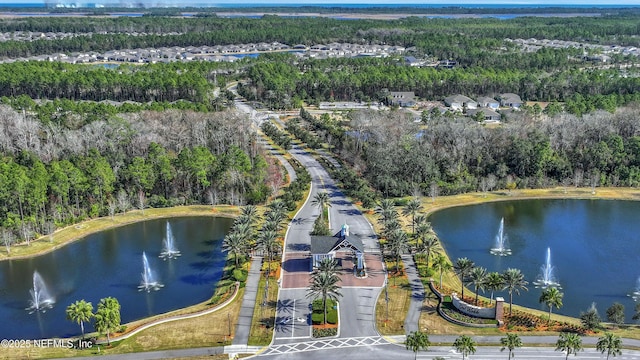 drone / aerial view with a water view