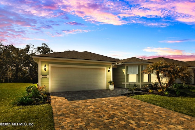 view of front facade featuring a garage and a lawn