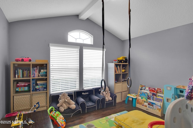 playroom featuring lofted ceiling with beams and dark hardwood / wood-style floors