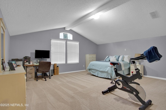 bedroom featuring vaulted ceiling with beams, light colored carpet, and a textured ceiling