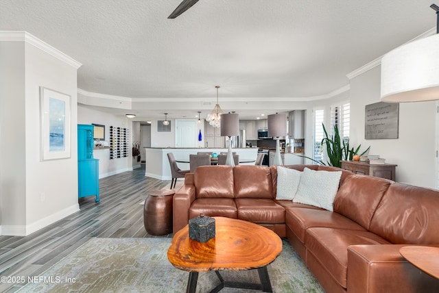 living room featuring ornamental molding, hardwood / wood-style floors, and a textured ceiling