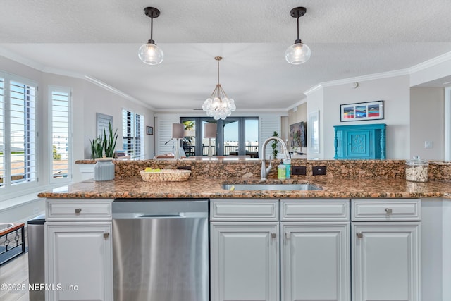 kitchen featuring ornamental molding, dishwasher, sink, and white cabinets