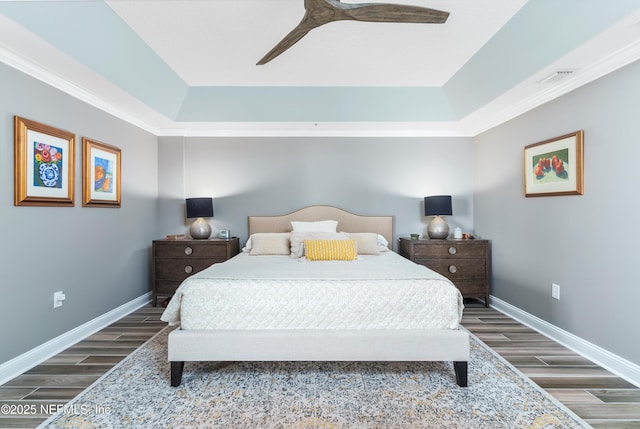 bedroom featuring a raised ceiling and ceiling fan