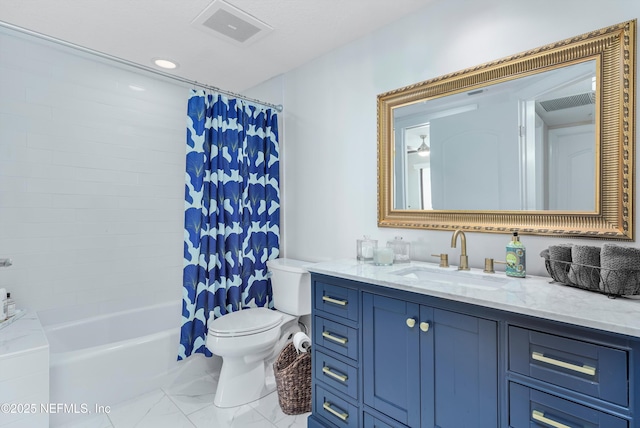 full bathroom with shower / bathtub combination with curtain, vanity, and toilet