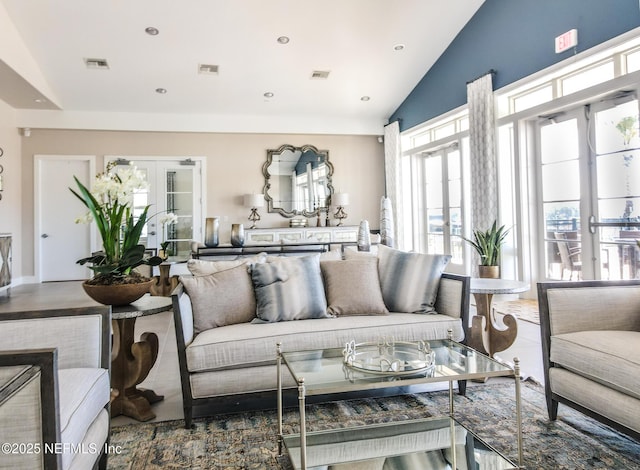 living room with french doors, lofted ceiling, and a healthy amount of sunlight