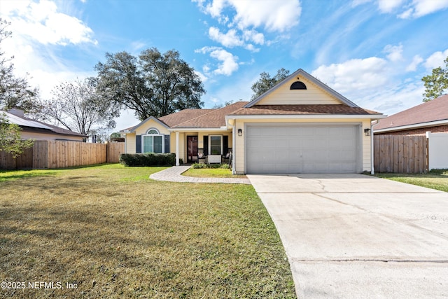 ranch-style home with driveway, a garage, fence, and a front yard