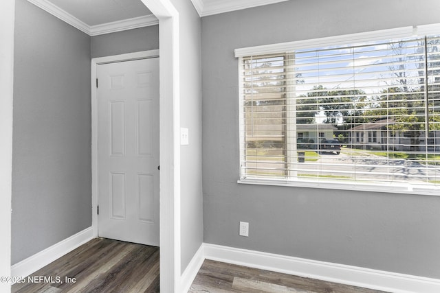 entrance foyer featuring crown molding, plenty of natural light, and dark hardwood / wood-style floors