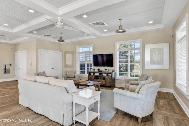 living room featuring beamed ceiling, ceiling fan, coffered ceiling, and crown molding