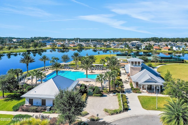 drone / aerial view featuring a water view