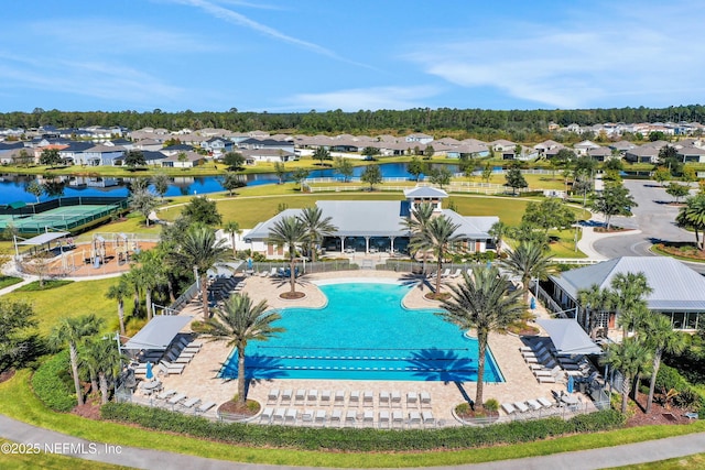 drone / aerial view featuring a water view