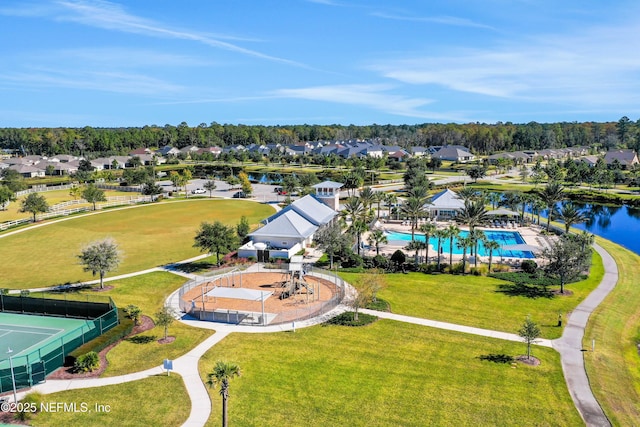 bird's eye view with a water view