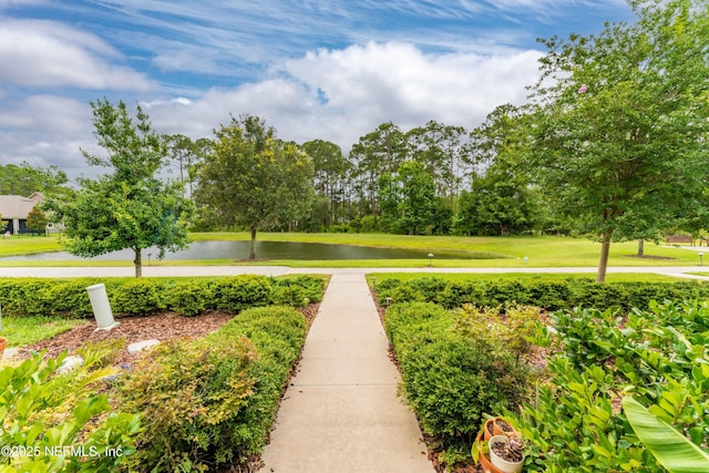 view of property's community with a water view and a lawn