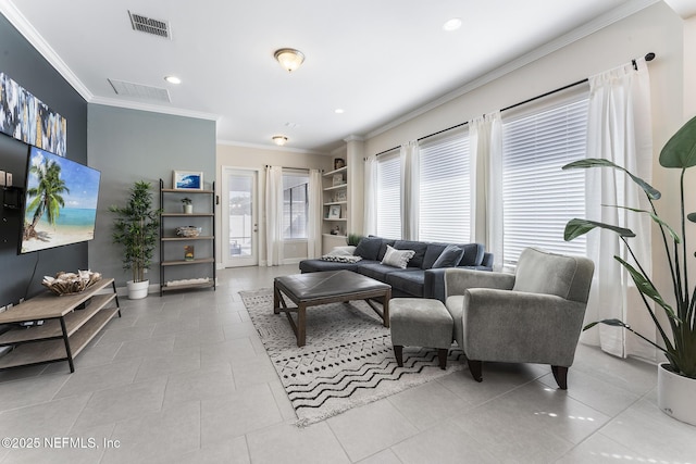 tiled living room with ornamental molding