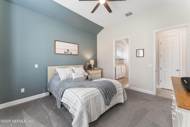 carpeted bedroom featuring ceiling fan, lofted ceiling, and connected bathroom