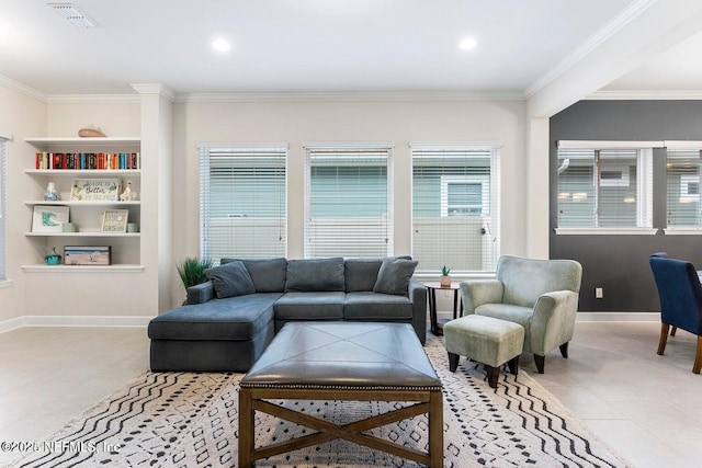 living room featuring ornamental molding and light tile patterned floors