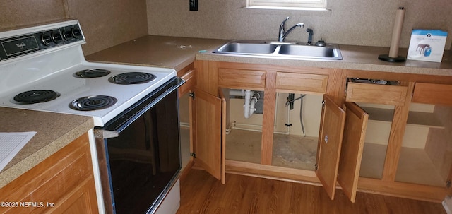 kitchen featuring wood-type flooring, sink, and electric range