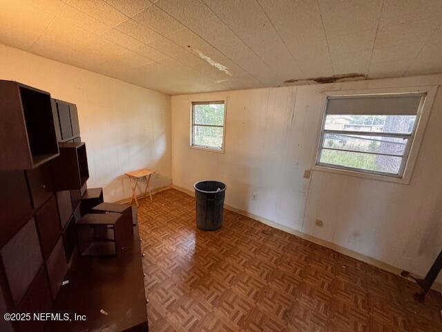 basement featuring dark parquet floors