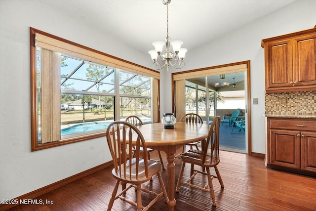 dining room with dark hardwood / wood-style flooring and a notable chandelier