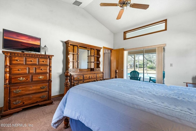 bedroom featuring vaulted ceiling, carpet, access to exterior, and ceiling fan