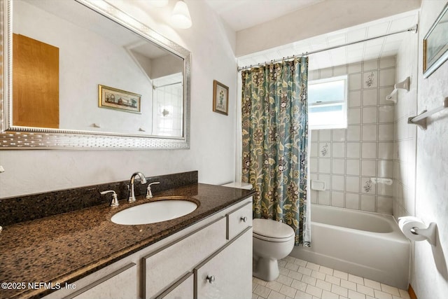 full bathroom featuring tile patterned flooring, shower / bath combo, vanity, and toilet