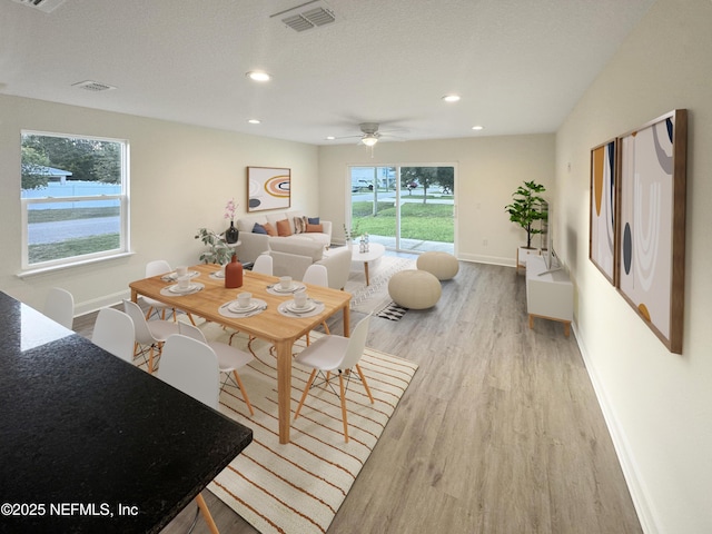 living room featuring ceiling fan, a textured ceiling, and light hardwood / wood-style flooring