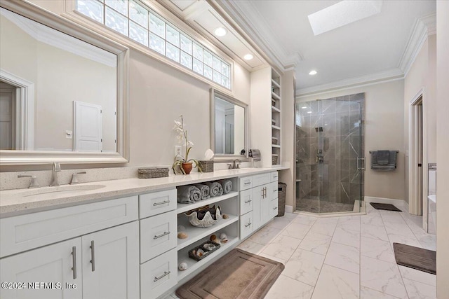 bathroom with crown molding, a skylight, vanity, and an enclosed shower