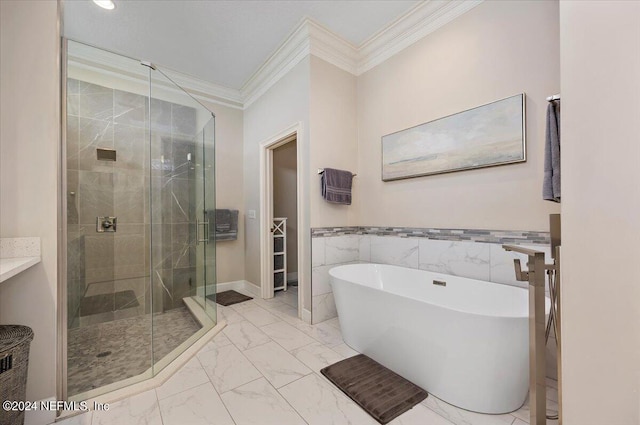 bathroom with tile walls, ornamental molding, and independent shower and bath