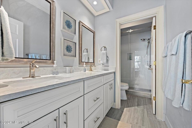 bathroom featuring vanity, an enclosed shower, and toilet