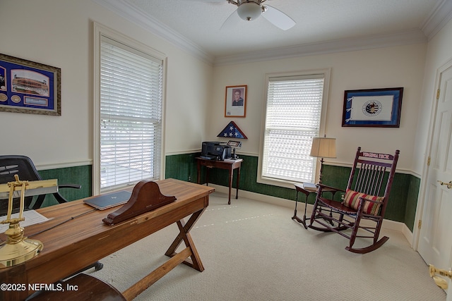 office space with crown molding, plenty of natural light, carpet, and ceiling fan