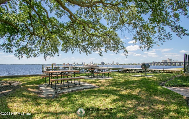 view of community with a water view and a lawn