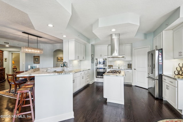 kitchen featuring appliances with stainless steel finishes, pendant lighting, white cabinets, island exhaust hood, and kitchen peninsula