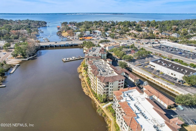 bird's eye view with a water view