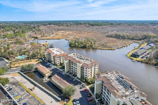 drone / aerial view featuring a water view